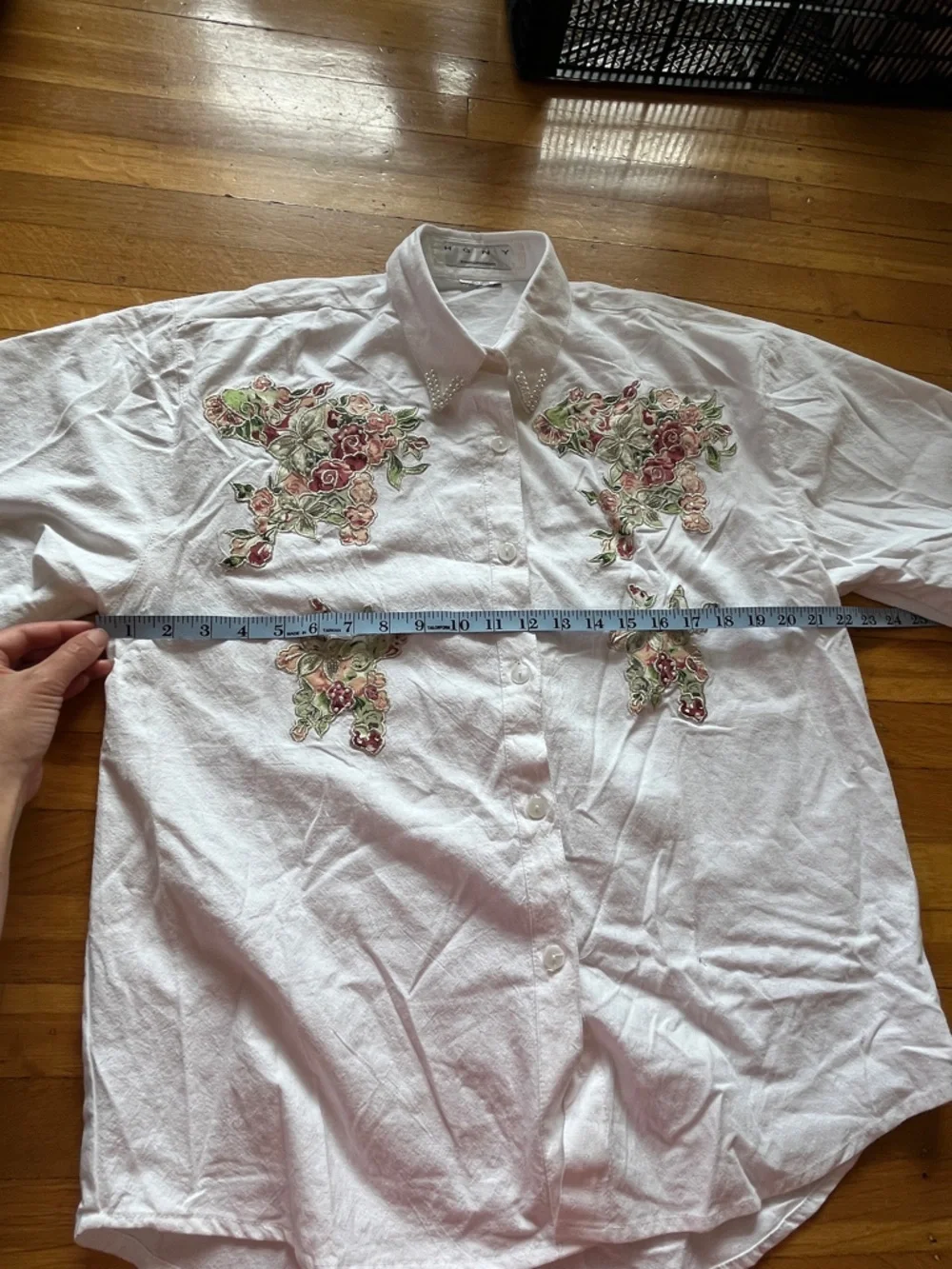 Vintage costal cowgirl button down shirt blouse pearls floral embellished beaded